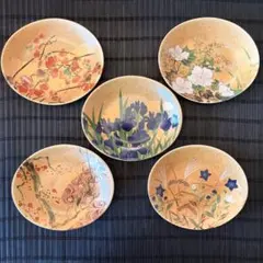 【未使用品】美濃焼【古都の華】絵変わり金彩草花文 光琳図 楕円皿 銘々皿 5枚