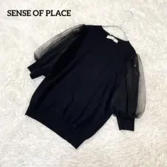 サマーニット　半袖ニット　袖チュール　ブラック　無地　シンプル　2766