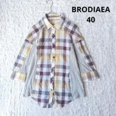【ブローディア】チェックシャツ　7分袖 黄/茶/グレー　ブラウス　スリム　40