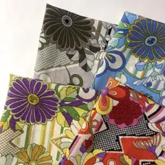 ちりめんはぎれセット　4枚組　トロピカル柄　水色　黄色　オレンジ　グレー　匿名