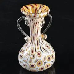 未使用 ムラーノガラス ミルフィオリ 両耳 ハンドル 花瓶 ブルー