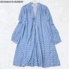 セブンデイズサンデイ　膝丈ワンピース　花柄刺繍　総柄　パフスリーブ　インディゴのサムネイル