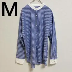 一点限り✨　ストライプ　長袖　シャツ 【Ｍ】 ブルー バンドカラーシャツ　春