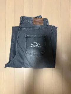 9090 ブラック ダークグレー ワイドバレルレッグデニム