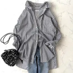 極美品 ワンオブマイン スリットロングシャツ ストライプ ホワイト×ブラックのサムネイル