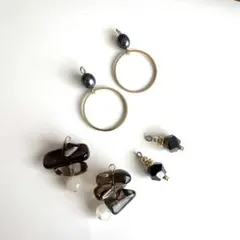 178番　色々使える天然石スモーキークォーツ、パール、ガラスのチャーム3点セット