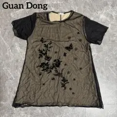 Guan Dong 花蝶刺繍 シアートップス 半袖 ブラック レディース 春夏