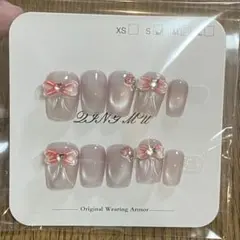 【まとめ買い値引き】ネイルチップ リボン ピンク マグネットネイル