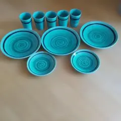 ターコイズブルー 渦巻き模様 食器セット プレート タンブラーのサムネイル