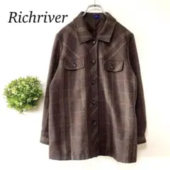 【美品】リッチリバー【Ｌ】チェック柄　ジャケット　ミセス　ウール　ミドル丈