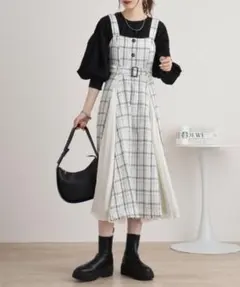 [美品] nohea ツイード生地ワンピース　ウエストベルト　Aラインチェック柄