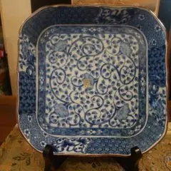 美品】八角皿 有田焼 賞美堂 基泉 染付 草花紋 盛り皿 大皿 ※箱あり