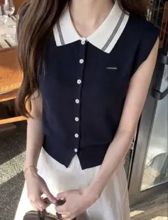 襟付き ニット ノースリーブ トップス ネイビー