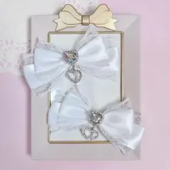 【ハンドメイド】ホワイト 白レース ハートチャーム付き ヘアクリップ 白色