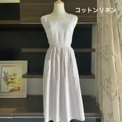 ハンドメイド コットンリネン ピンクストライプ エプロン リボン調整可♪