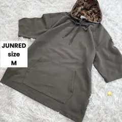 【JUNRED/ジュンレッド】フード付き半袖パーカー/カーキ ブラウン/凹凸/M