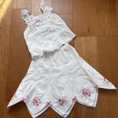 【希少/美品】メゾピアノ セットアップ 130 豪華バラ刺繍 ハンカチーフヘム