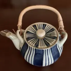 昭和レトロ藍染め風 縞模様 急須 陶器製