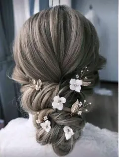 ヘッドドレス　花と葉のヘアピンセット　ゴールド　成人式　結婚式　ヘアアクセサリー