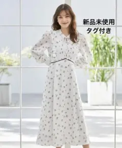 りぼん＆フリル付きパール釦フラワー×ドットプリントワンピース