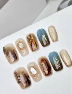 ネイルチップセットマーブル鼈甲風ニュアンスマグネットシェルラメ