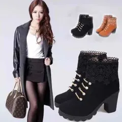 レディース　ショートブーツ　美脚　レース　刺繍　太ヒール　秋冬　新
