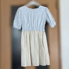 【キッズ】apres les cours 水色花柄刺繍 半袖ワンピース120cm