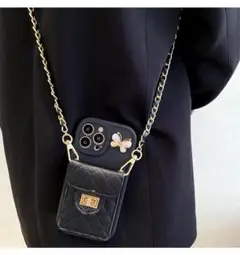 iphoneケース 13 黒 韓国デザイン 高級感 ショルダータイプ 小物収納