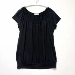 【A-09】 ROPE ブラウス Uネック フレンチスリーブ ビジュー M 黒のサムネイル