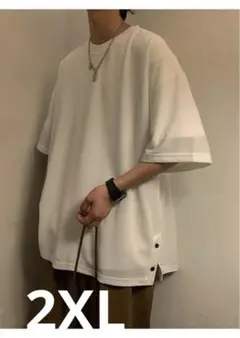 ゆったりシルエット×サイドボタン カジュアルTシャツ 半袖 クルーネック 2XL