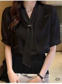 黒のネクタイ付き半袖ブラウス SHEIN