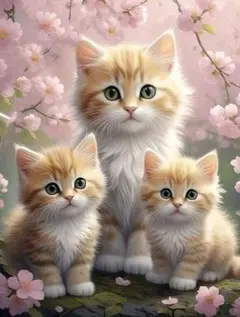 《ラウンド️⭕️》ダイヤモンドアートキット 桜と3匹の猫ちゃん