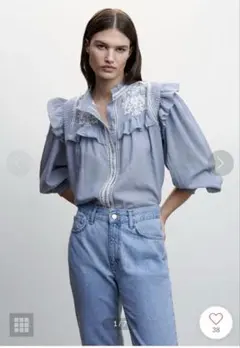 MANGO刺繍デニム風コットンブラウスSサイズ インド製のサムネイル