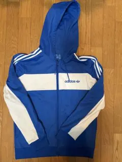 adidas パーカー　フード付きジャージ 青/白　ダブルジップ　短丈