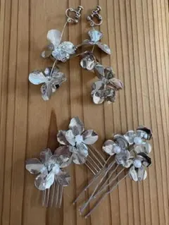シルバー　花モチーフ ヘアピンとイヤリングセット（ブライダル）