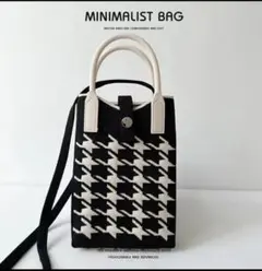 ​【新品】千鳥格子柄 ニットバッグ スマホショルダーバッグ モノトーン 黒