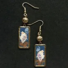 和風　藍色ラメ　九尾の妖狐　長方形　ピアス　大