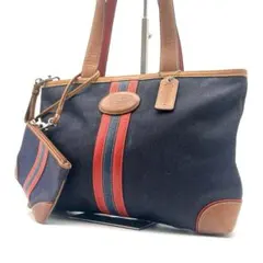 COACH デニム　ストライプ　型押しロゴ　ポーチ付　肩掛け可　トートバッグ
