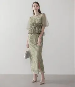 【LEJA】3WAYチュールラッフルフラワースパンコールIラインワンピースドレス