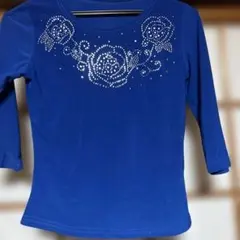社交ダンス、青色 花のストーン装飾 長袖レッスンウェア
