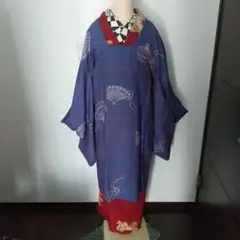 アンティーク 青地に梅散らし 扇紋様 桃色羽裏がキュートな道行