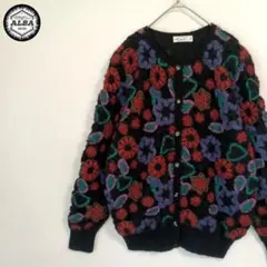 【美品】ニット　カーディガン　セーター　花柄　透かし編み　ガーリー　黒　ブラック