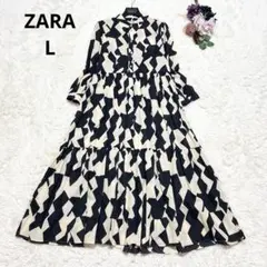 ZARAザラ 総柄プリントコットンシャツワンピース ティアード マキシ丈