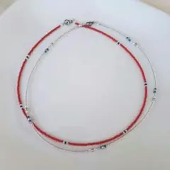 No.201 ビーズネックレス　ハンドメイド　重ね付け2個セット カジュアル　赤