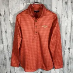 キャロウェイ ゴルフ メンズ 長袖ポロシャツ オレンジ チェック柄 ロゴ