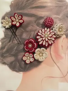 つまみ細工　髪飾り　赤　乳白