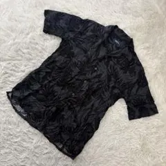 NAVY ネイビー【M】アロハシャツ 半袖 ボタニカル柄 ブラック レーヨンのサムネイル