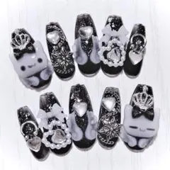 No.366　ネイルチップ 現品 量産型 地雷系 サブカル 平成女児 白 黒 猫