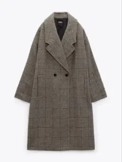 【ZARA 】ウール混ロングチェックコート　ブラウンS