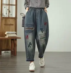 レトロ 刺繍 おしゃれ度高め 着痩せ テーパードパンツ デニム カジュアル